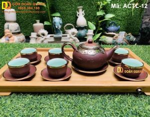 Ấm Chén gốm tử sa phúc lộc thọ bọc đồng