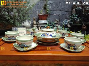 Bộ ấm chén dáng đĩa bay quai đồng Bát tràng mã ACDL-018
