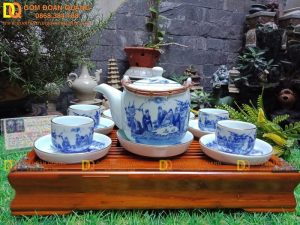 Bộ ấm chén dáng vại S2 men lam vẽ tay chỉ miệng vàng kim