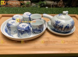 Bộ ấm chén men lam quai siêu