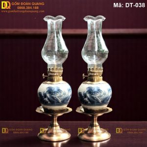 Bộ đèn thờ gốm đi kèm bóng thủy tinh và tim sợi bấc mã DT-038