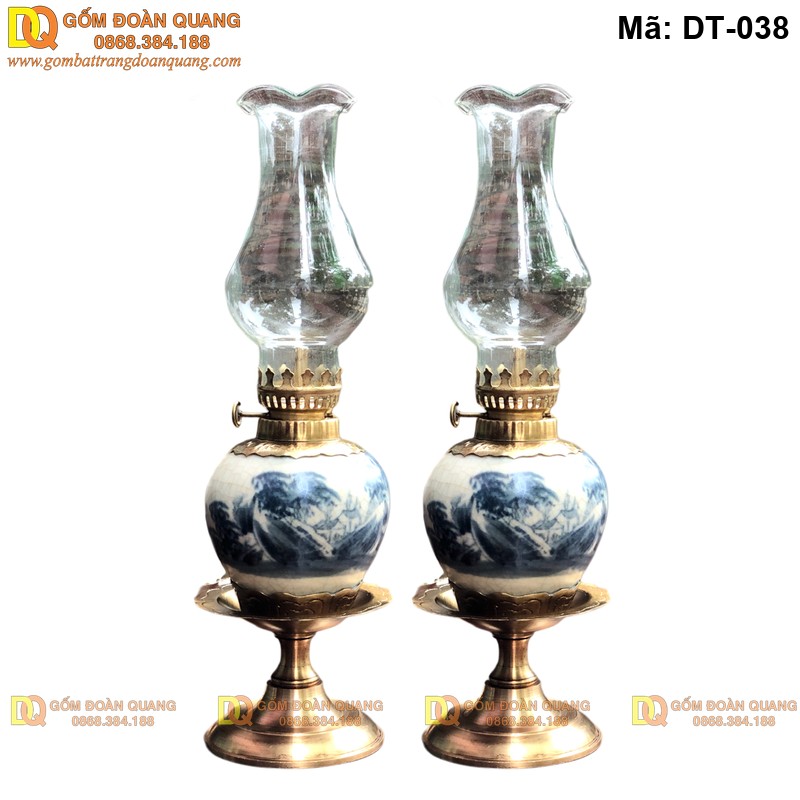 Bộ đèn thờ gốm đi kèm bóng thủy tinh và tim sợi bấc mã DT-038 - Ảnh 2