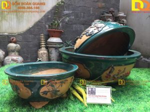 Chậu Tròn Bộ 3 - Chậu sứ trồng cây men xanh cổ