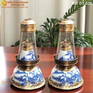 Đèn bàn thờ đẹp men lam vẽ sơn thủy mã DT-030