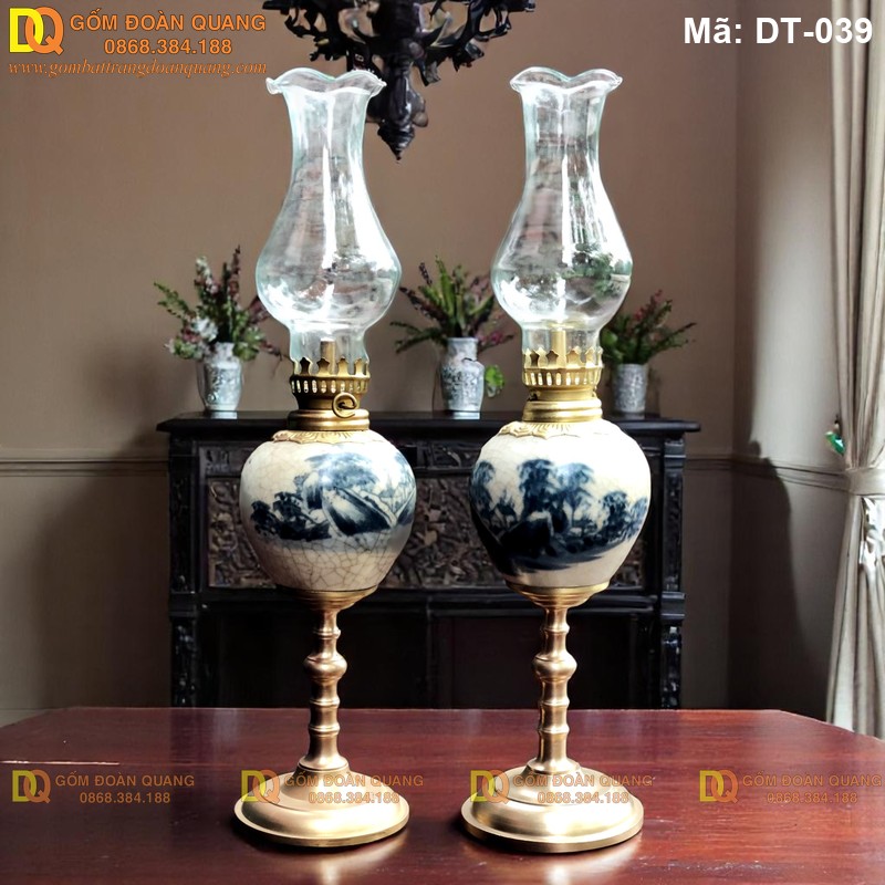 Đèn bàn thờ kiểu chân đồng men rạn mã DT-039