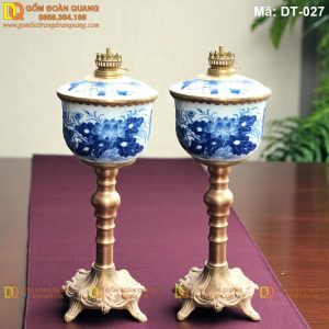 Đèn bàn thờ vẽ sen men lam mã DT-027 - Ảnh 2