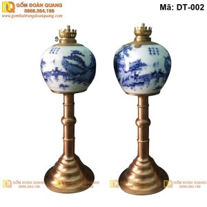 Đèn dầu bàn thờ cảnh sơn thủy men lam mã DT-002