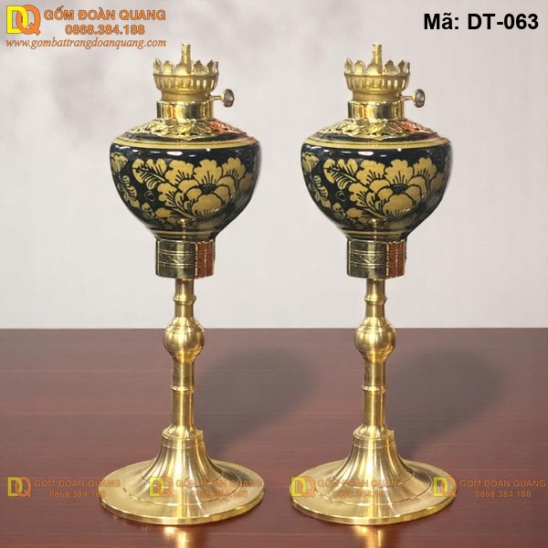 Đèn dầu Bát Tràng men hoàng thổ vẽ tay mã DT-063