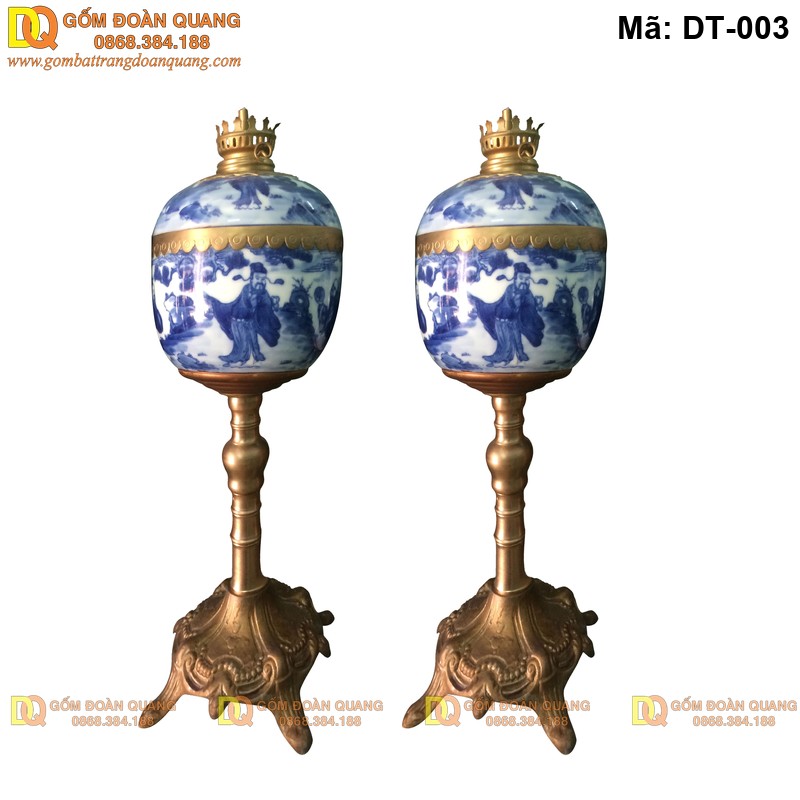 Đèn dầu cổ men lam bọc đồng mã DT-003 – Gốm Bát Tràng truyền thống kết hợp kim loại thủ công