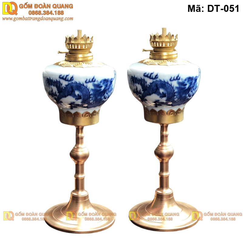 Đèn thắp dầu men lam vẽ rồng mã DT-051 - Ảnh 2