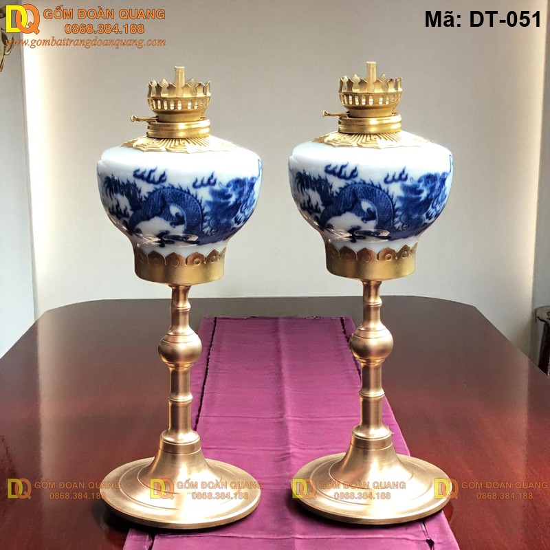 Đèn thắp dầu men lam vẽ rồng mã DT-051