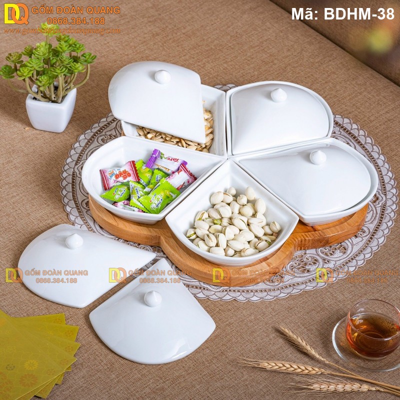 Hủ đựng kẹo sứ trắng đẹp xếp cánh hoa mã BDHM-38 - Ảnh 2