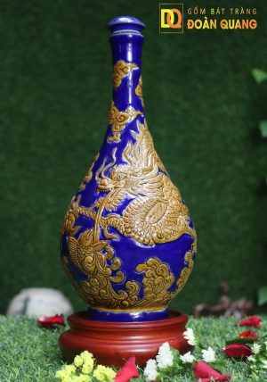 Bình rượu men thúy lam khắc rồng cuốn thủy - Nậm rượu gốm sứ Bát Tràng