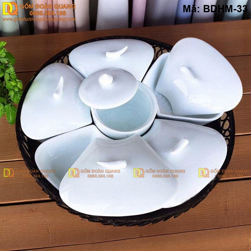 Khay đựng bánh kẹo sứ trắng xếp cánh hoa mã BDHM-33