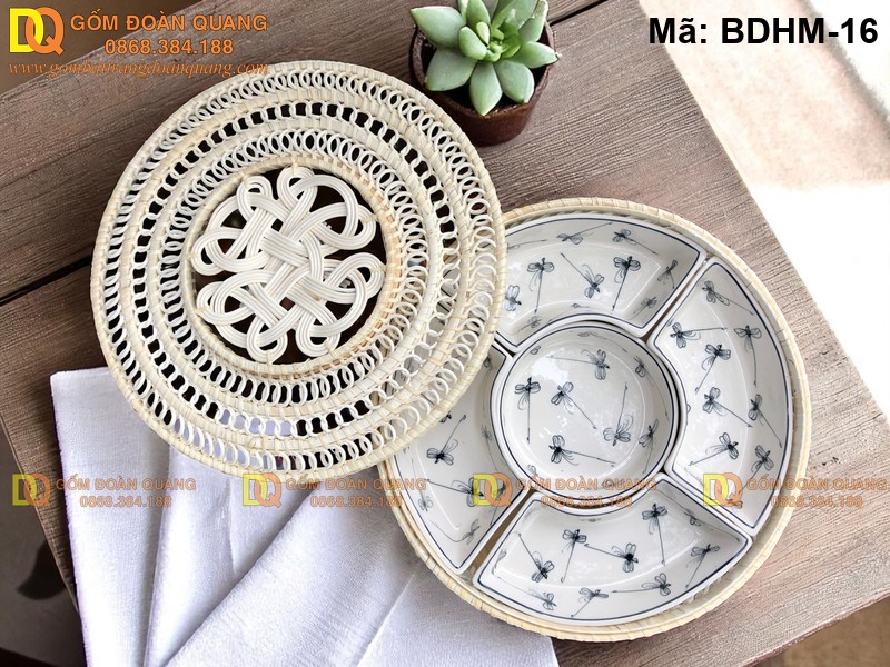 Khay đựng mứt tết bằng sứ - Kèm khay mây mã BDHM-16