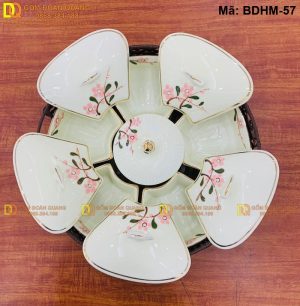 Khay đựng mứt tết cao cấp vẽ đào kẻ chỉ mạ vàng mã BDHM-57
