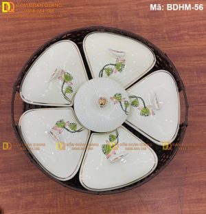 Khay mứt đẹp vẽ sen kẻ chỉ mạ vàng mã BDHM-56