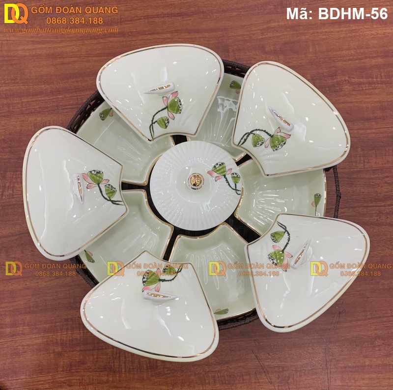 Khay mứt đẹp vẽ sen kẻ chỉ mạ vàng mã BDHM-56 - Ảnh 2