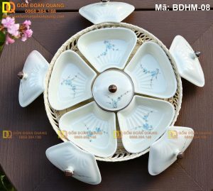 Khay mứt tết sứ men kem vẽ đào xanh mã BDHM-08