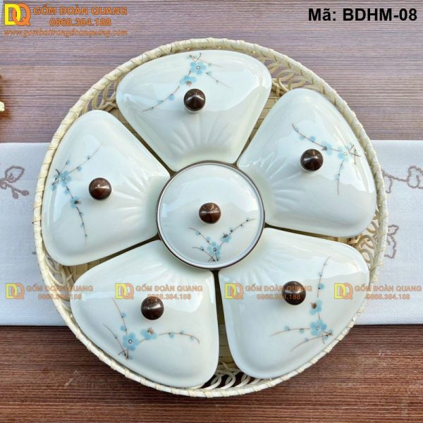 Khay mứt tết sứ men kem vẽ đào xanh mã BDHM-08 - Ảnh 2