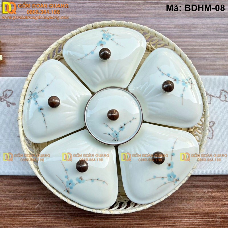 Khay mứt tết sứ men kem vẽ đào xanh mã BDHM-08 - Ảnh 2