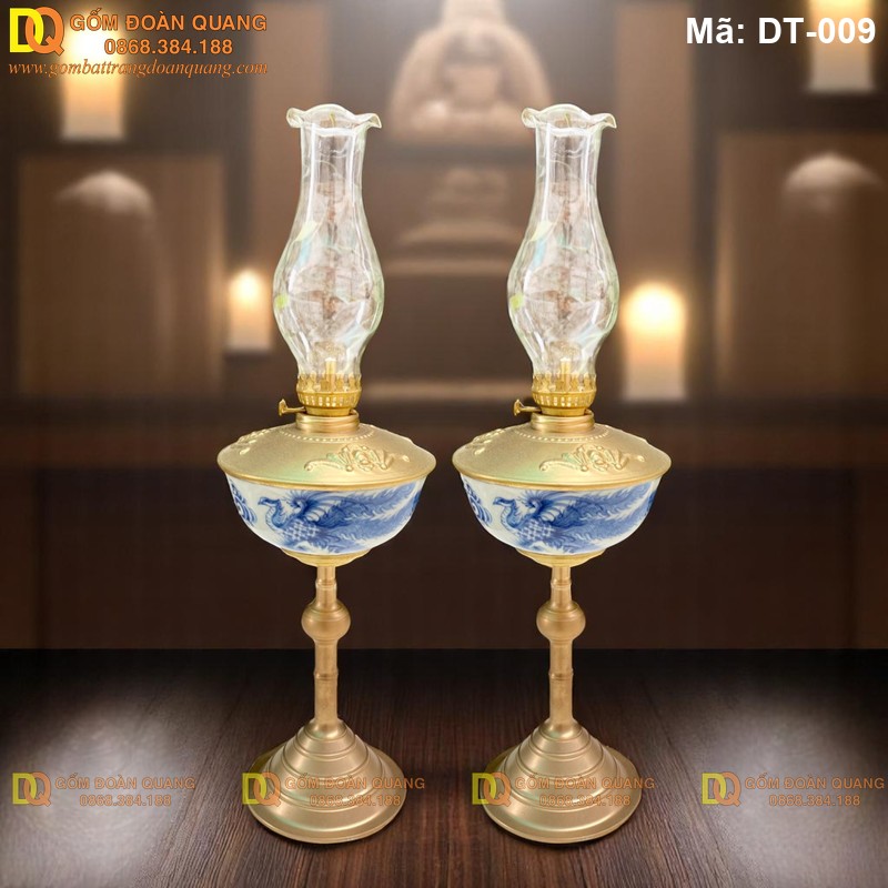 Mẫu chân đèn dầu bằng đồng, thân sứ Bát Tràng mã DT-009 - Ảnh 3
