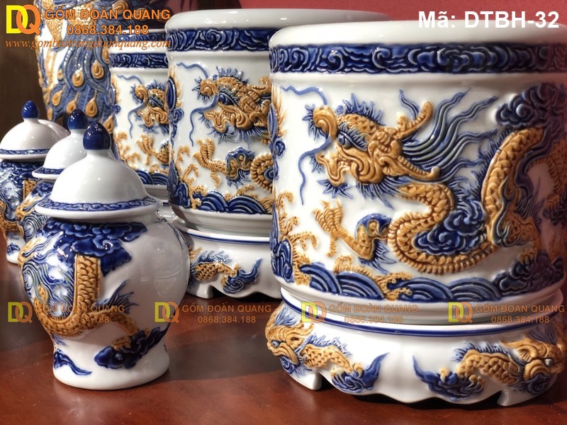 Bát hương đẹp men ngọc đắp nổi Rồng vàng - Bộ đồ thờ cúng sứ Bát Tràng Bát hương đẹp men ngọc đắp nổi Rồng vàng - Bộ đồ thờ cúng sứ Bát Tràng