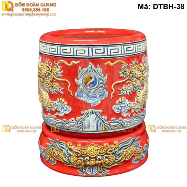 Bát hương màu Đỏ đắp nổi Rồng vàng mã DTBH-38