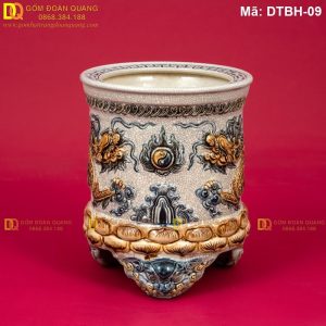 Bát hương men rạn đắp nổi Rồng 3 chân mã DTBH-09