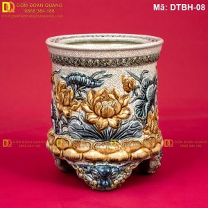 Bát hương men rạn đắp nổi Sen 3 chân mã DTBH-08