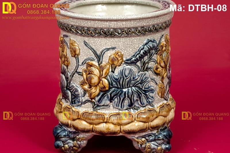 Bát hương men rạn đắp nổi Sen 3 chân mã DTBH-08 - Ảnh 3