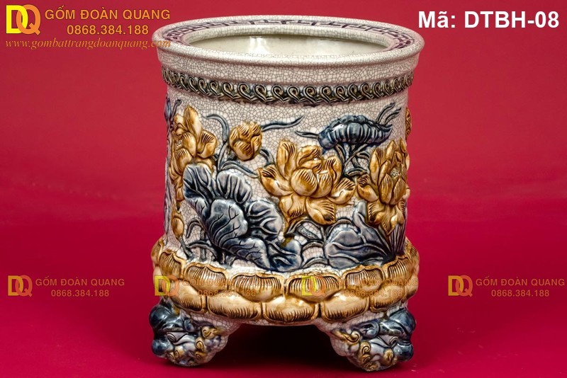 Gốm Bát Tràng Đoàn Quang - Bát hương đắp nổi Sen men rạn Gốm Bát Tràng Đoàn Quang - Bát hương đắp nổi Sen men rạn