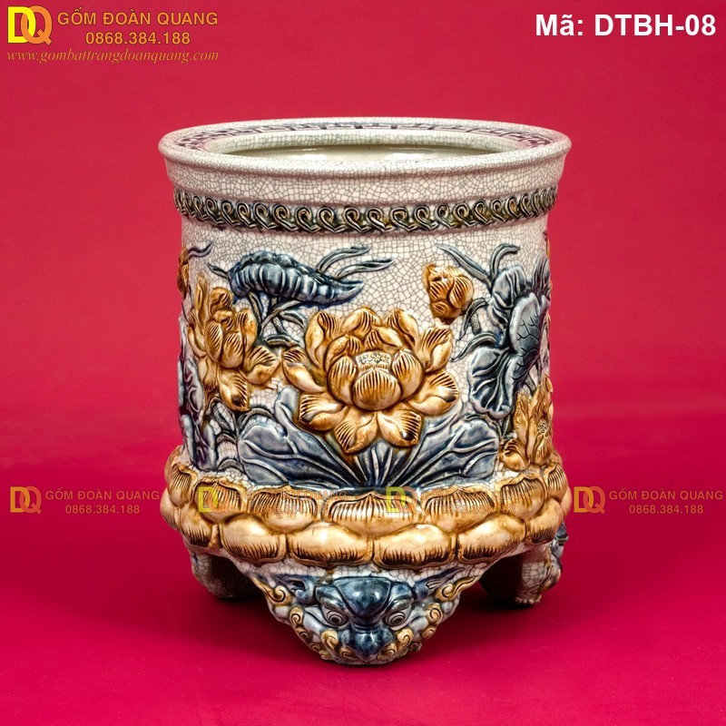 Bát hương men rạn đắp nổi Sen 3 chân mã DTBH-08