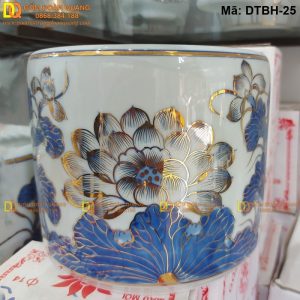 Bát nhang men lam vẽ vàng 24K cảnh Sen mã DTBH-25