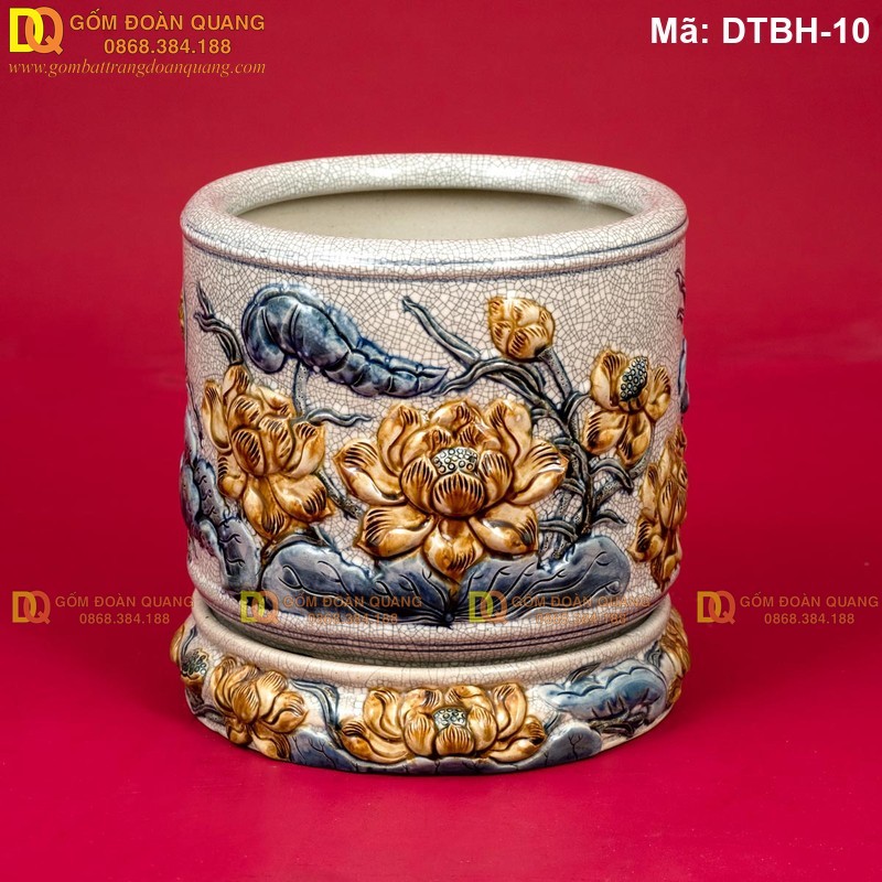 Bát nhang men rạn đắp nổi Sen mã DTBH-10