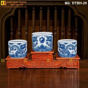 Bộ 3 bát hương men lam vẽ rồng mã DTBH-20