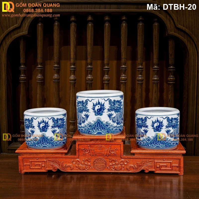 Bộ 3 bát hương men lam vẽ rồng mã DTBH-20 - Ảnh 2
