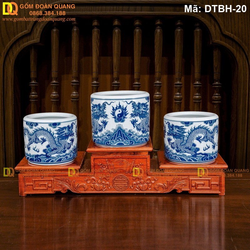 Bộ 3 bát hương men lam vẽ rồng mã DTBH-20