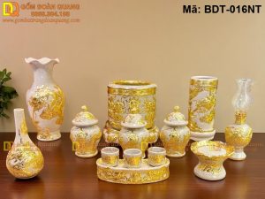 Bộ đồ cúng bàn thờ 1 bát hương cảnh Rồng mạ vàng mã BDT-016NT