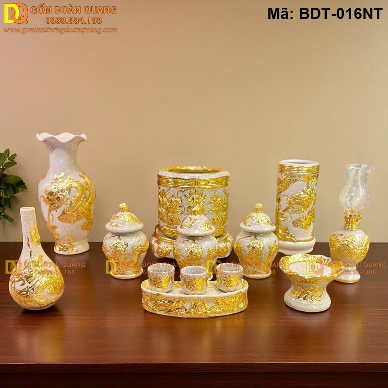 Bộ đồ cúng bàn thờ 1 bát hương cảnh Rồng mạ vàng mã BDT-016NT - Ảnh 2