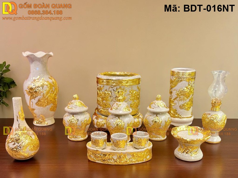 Bộ đồ cúng bàn thờ 1 bát hương cảnh Rồng mạ vàng mã BDT-016NT
