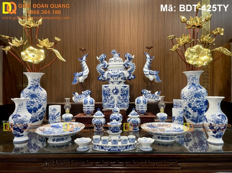 Bộ đồ cúng bàn thờ đủ món men lam cổ mã BDT-425TY