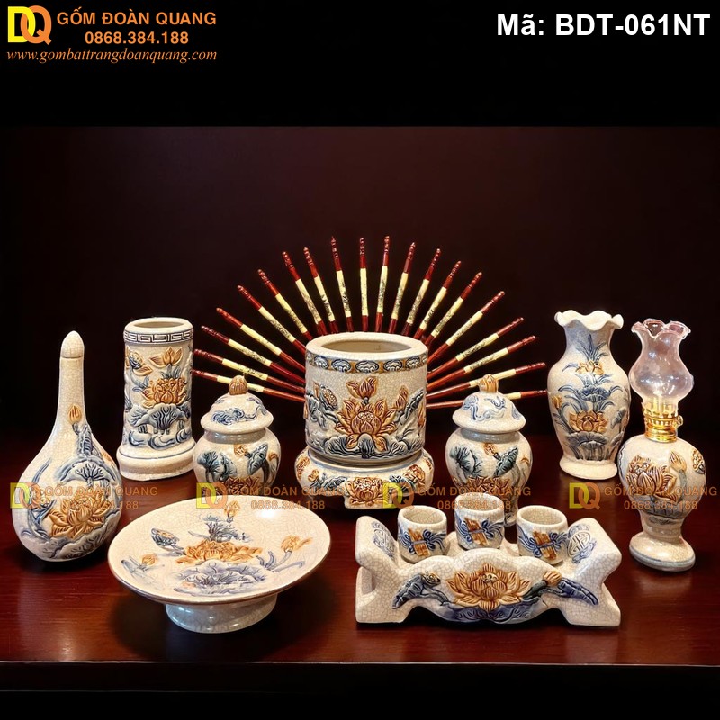 Bộ đồ thờ 1 bát hương đắp nổi sen cho bàn thờ Phật Bà mã BDT-061NT - Ảnh 2