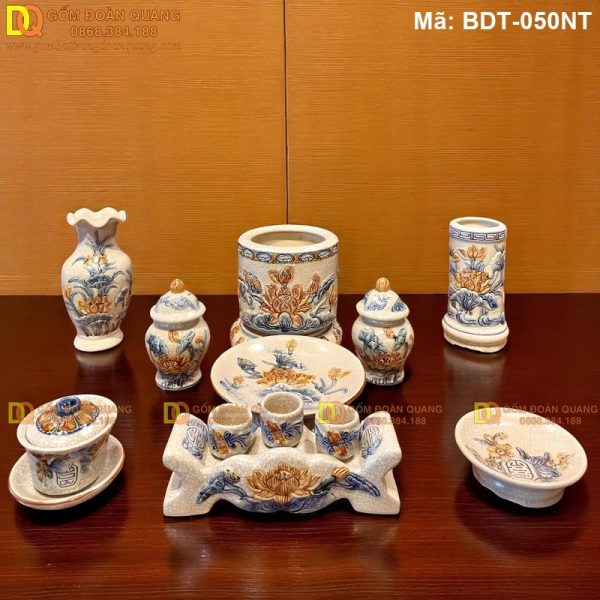 Bộ đồ thờ bằng gốm Bát Tràng sang trọng 1 bát nhang Sen mã BDT-050NT - Ảnh 2