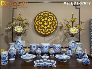 Bộ đồ thờ bằng gốm men lam cổ đậm nét xưa mã BDT-376TY