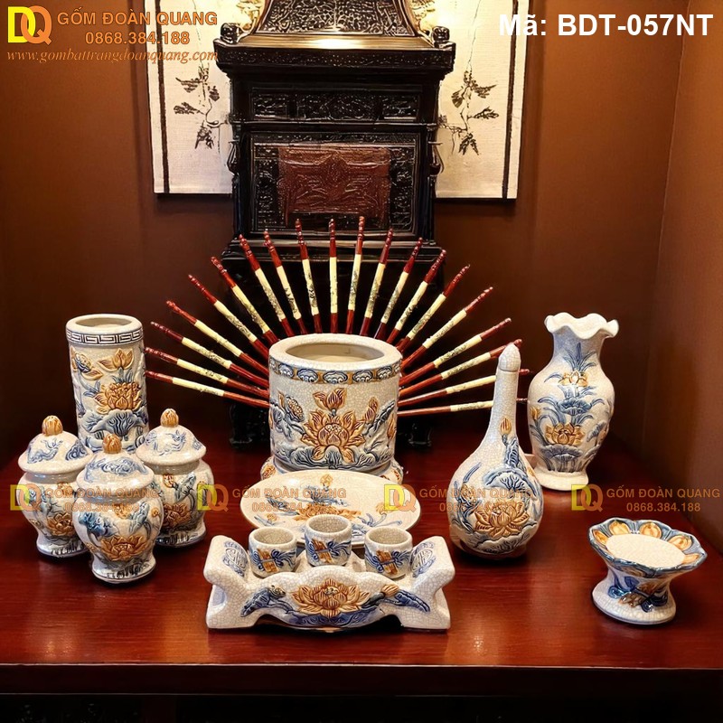 Bộ đồ thờ bằng sứ Bát Tràng đắp nổi Sen mã BDT-059NT - Ảnh 2