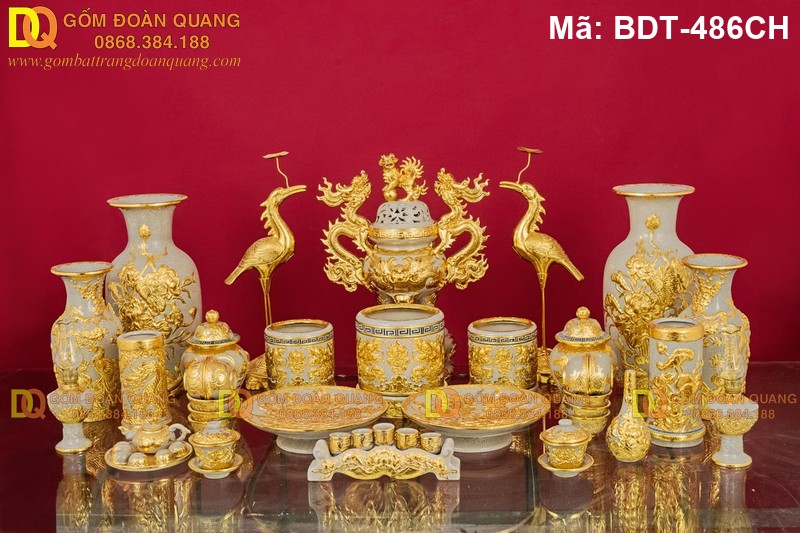 Bộ đồ thờ Bát Tràng dát vàng mã BDT-486CH - Ảnh 2