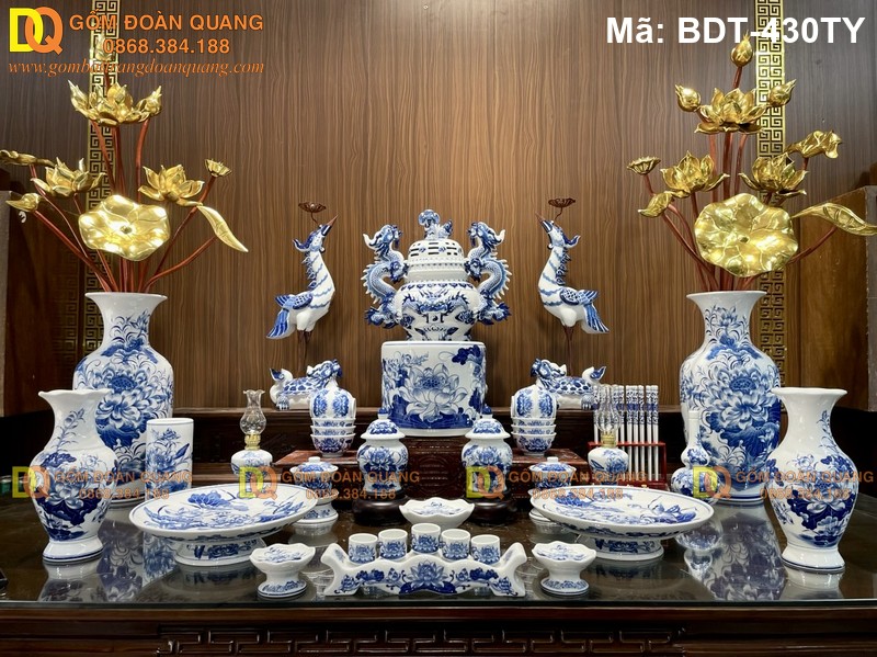 Bộ đồ thờ Bát Tràng đầy đủ men lam đẹp mã BDT-430TY