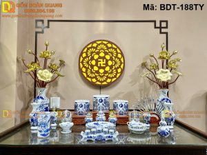 Bộ đồ thờ Bát Tràng đầy đủ men lam truyền thống mã BDT-188TY