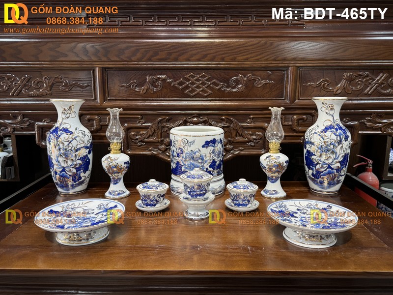 Bộ đồ thờ Bát Tràng men lam vẽ mạ vàng 24K mã BDT-465TY